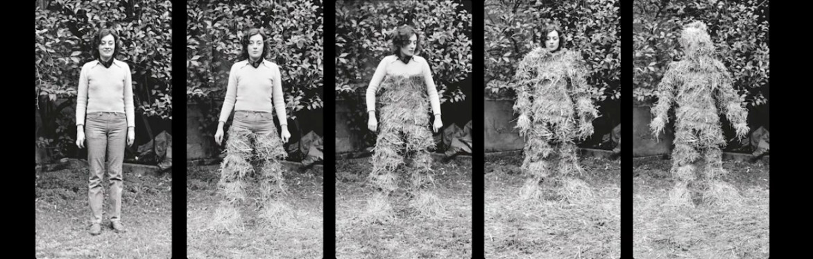 black and white images of a person being covered in leaves