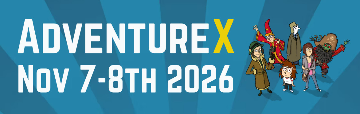 AdventureX Nov 7-8th 2026 and cartoon characters on a blue background