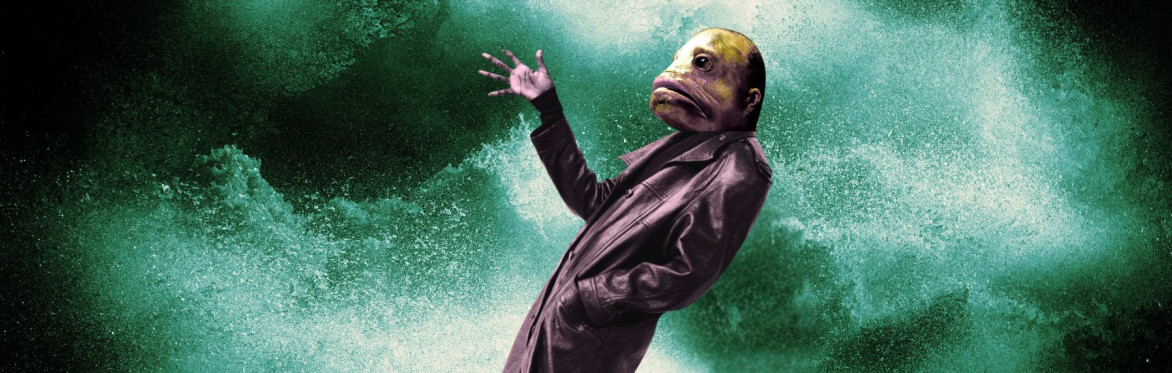 A toxic looking blue green wave crashing into the water. A fish-headed person is waving.