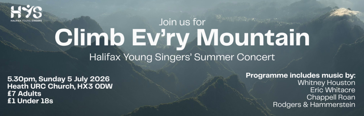 Event details with the title "Climb Ev'ry Mountain" in large white text,. There is a backdrop of a photograph of a mountain range.