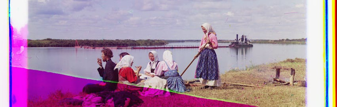 a chemically damaged photograph of an outdoor scene in 1909 Russian Empire