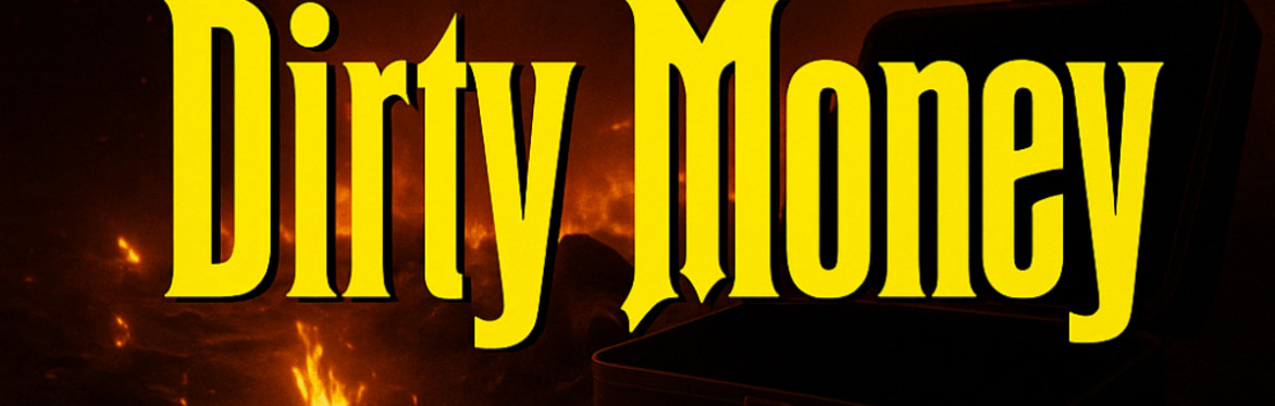 A dark, fiery cityscape with burning papers and an open briefcase. Large yellow text reads Dirty Money. The Dinner Detective logo appears in the top left corner.