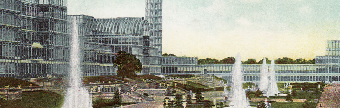 a colour postcard of the Crystal Palace showing the building, garden and fountains