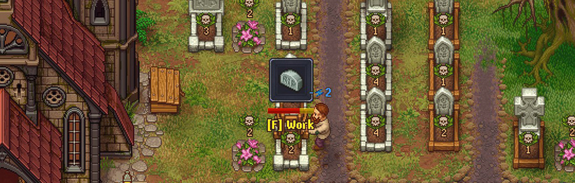 Shot from a video game of a man looking after a number of graves
