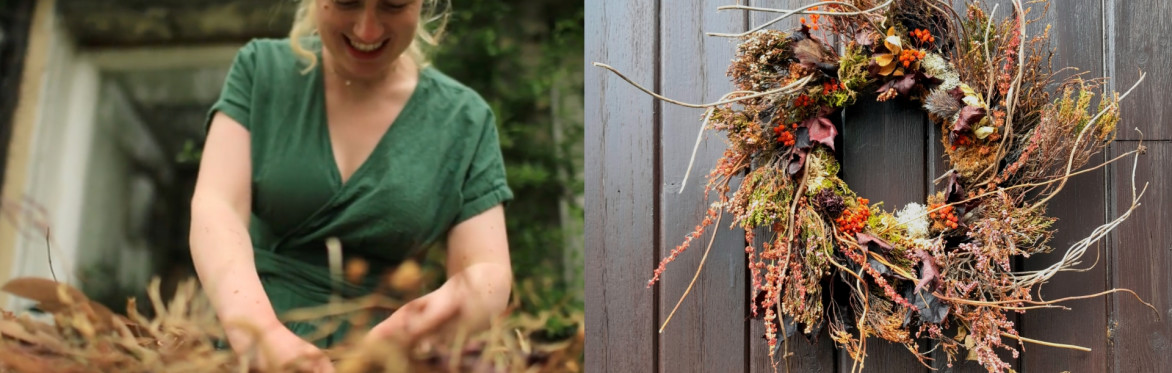 On the left, woman smiling while working with dried bracken. On the right, wild autumnal dried flower wreath hanging on dark wooden panelled wall.