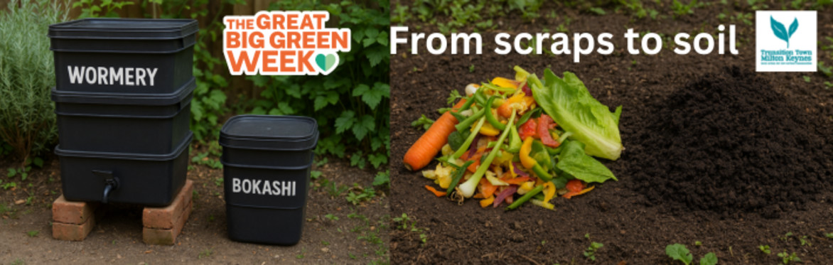 A Wormery Bin and a Bokashi Bin - next to a piles of kitchen waste and compost