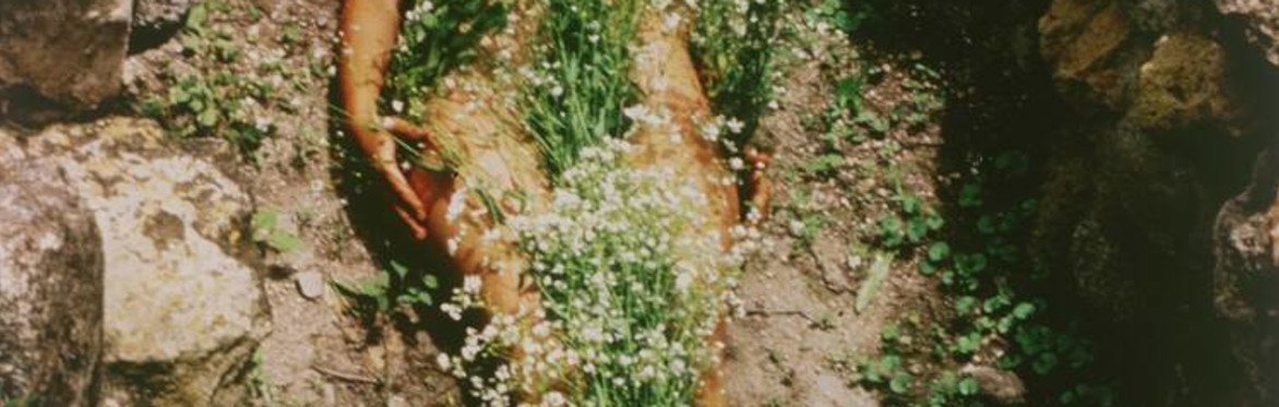 a body lies on the ground covered in white flowers and vegetation