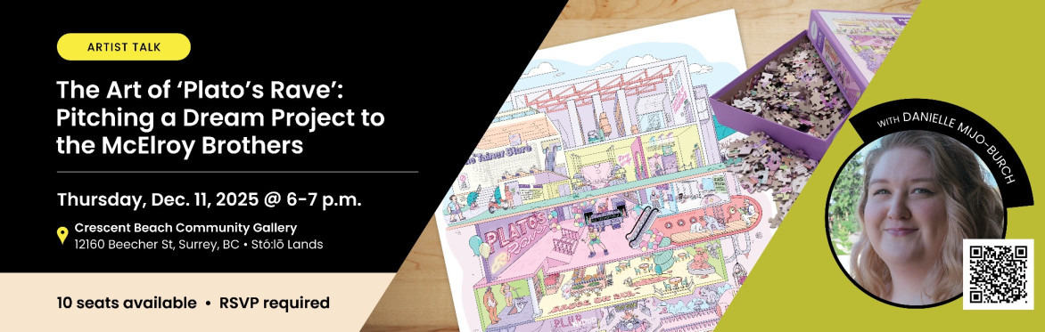 Banner for the free artist talk 'The Art of Plato's Rave: Pitching a Dream Project to the McElroy Brothers,' which includes event details and a photo of the speaker.