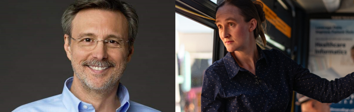 Left image: A middle-aged man with glasses and a friendly smile, wearing a blue button-up shirt. Right image: A woman in a navy blouse standing on a bus, looking out the window pensively.