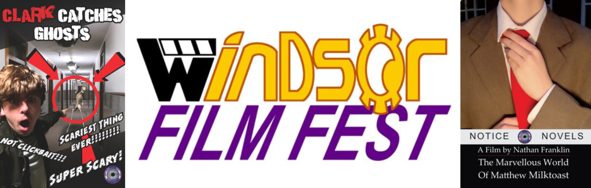 Various images from Notice Productions' films, both stills and behind the scenes pictures, together with a Windsor Film Fest logo and text.