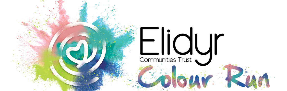 A logo with a spiral heart. An explosion of pink, blue and green. Words that say: Elidyr Communities Trust Colour Run