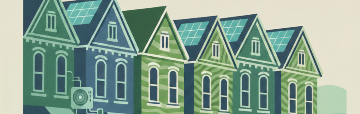 Street of houses with solar panels and heat pumps