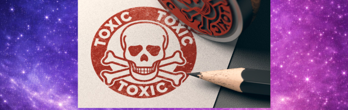 Skull & cross bones with toxic stamped on it. Purple background