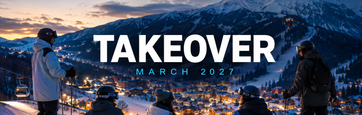 Takeover Ski March 2027 group overlooking snowy Bansko mountains at dusk.