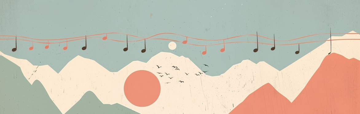 musical mountains with birds and notes