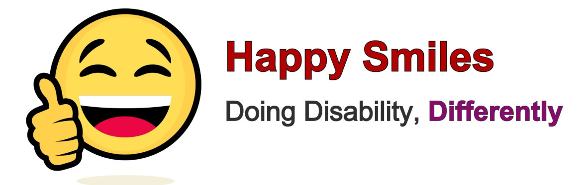 Picture of a big smiling face giving a thumbs up. The words say “Happy Smiles”. It also says “Doing disability, differently”.