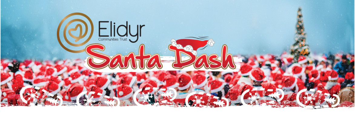 A load of santas. A blue snowy sky a logo that says Elidyr Santa Dash