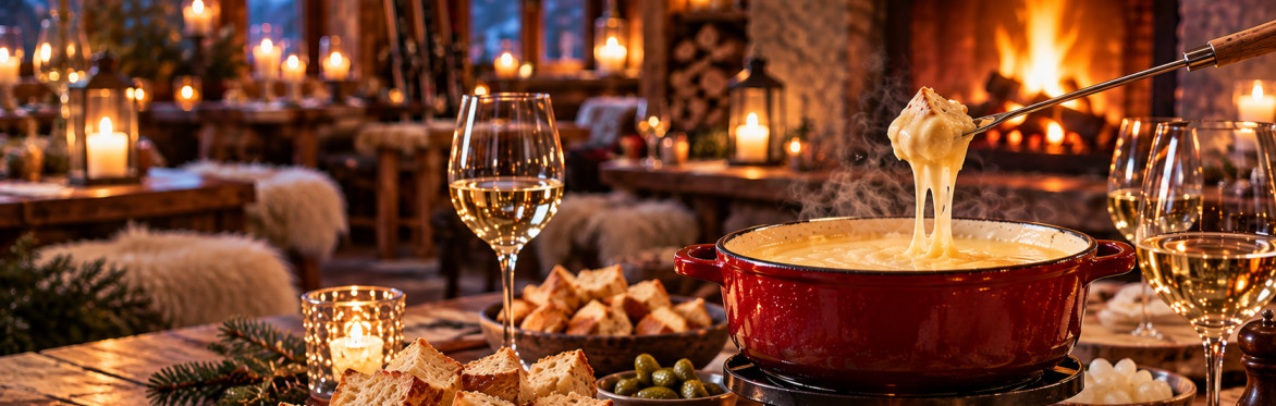 Warm Alpine fondue and wine in a rustic chalet setting