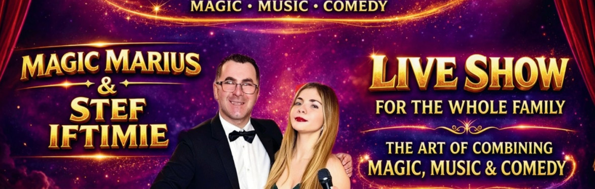 Poster for a family magic show featuring Magic Marius, with colourful lights and stage atmosphere, promoting a magic and mentalism performance for children and adults.