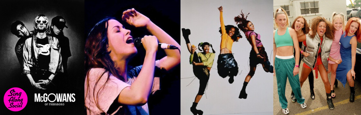 Four images of Nirvana, Alanis Morrisette, TLC and Spice Girls