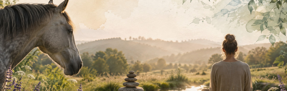 Meditating woman sitting next to a white and grey horse