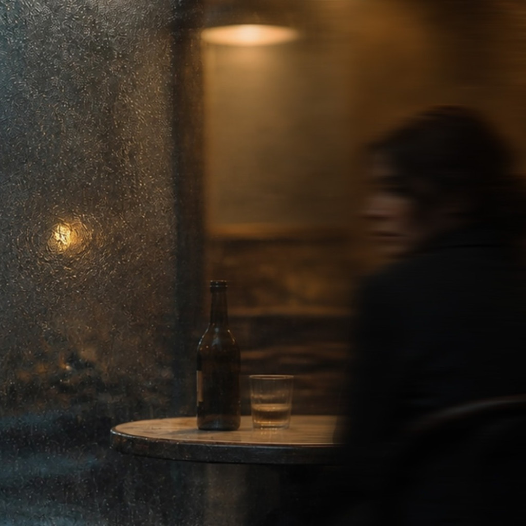 Tell me, Mother key art: a rain-streaked window and a table with a bottle and glass