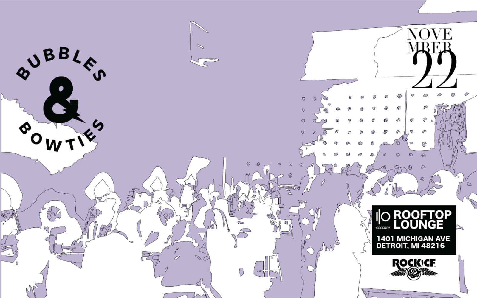 Bubbles & BowTies event image for the Rock CF Foundation. Purple image with the Bubbles logo included.