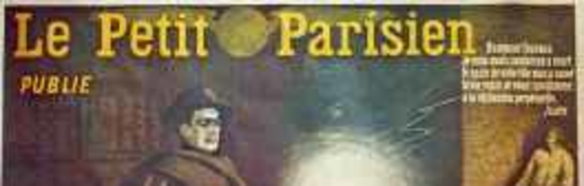 A part of the poster for Judex showing a mysterious man in a hat and cloak. At the top it says 'Le petit Parisien publie'