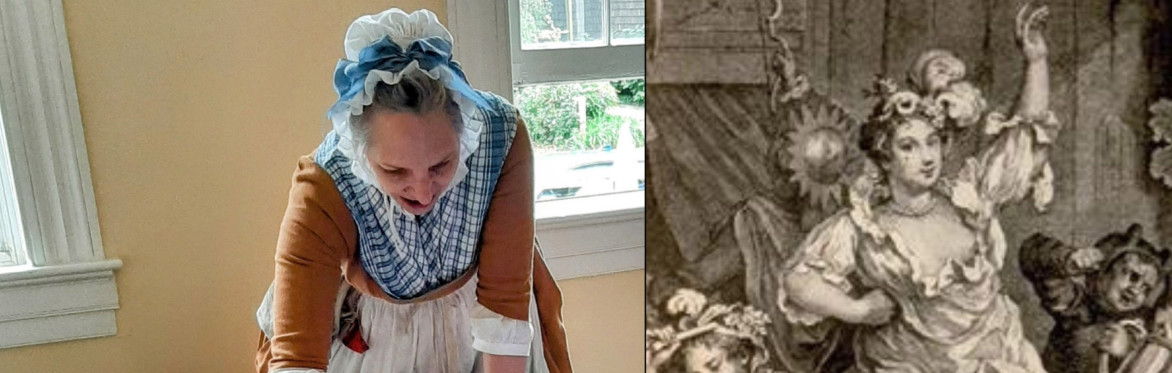 A woman stitching, and a historic drawing of a woman in a shift