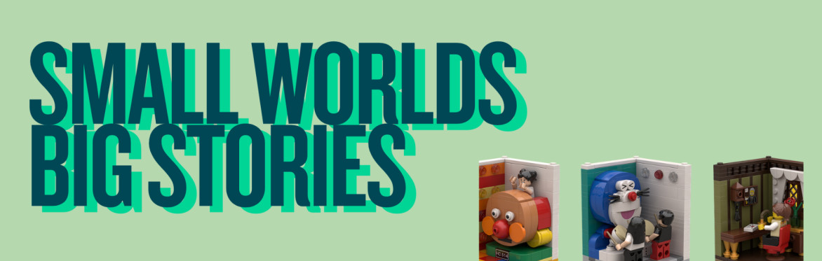 Kleine LEGO Habitate und die Überschrift "Small Worlds, Big Stories"