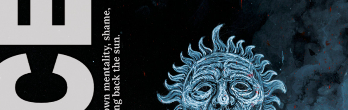An eerie painting of a burning wicker man with a face shaped like a mask of the sun. In front of the burning effigy someone is running away and screaming. The title reads SOLSTICE.