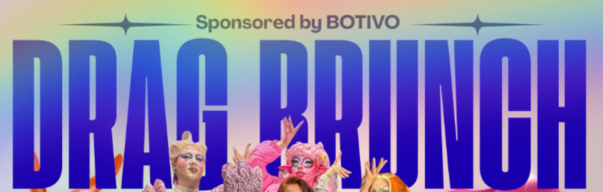 Drag brunch header showing the queens and Rebecca.