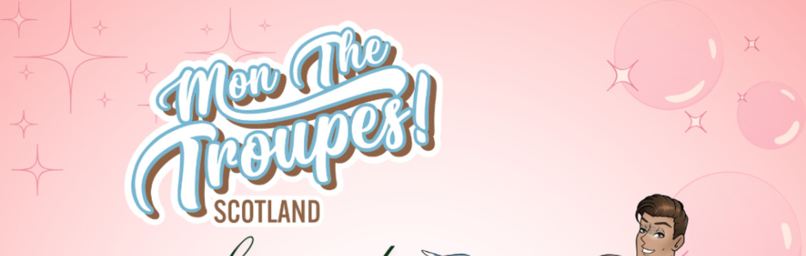 Pale pink background with stars showcasing the Mon The Troupes, Scotland logo