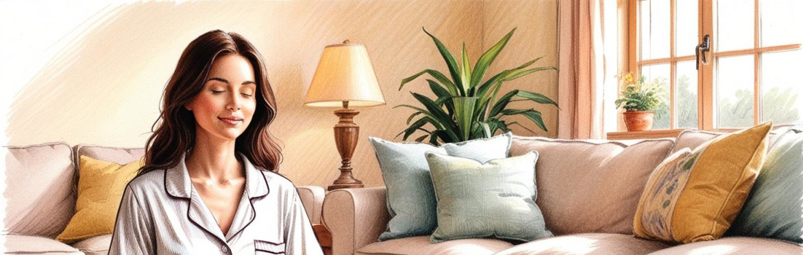 A young woman meditating in her living room wearing pyjamas