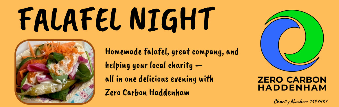 Picture of falafel with pitta and salad. Caption: homemade falafel, great company and helping your local charity - all in one delicious evening with Zero Carbon Haddenham
