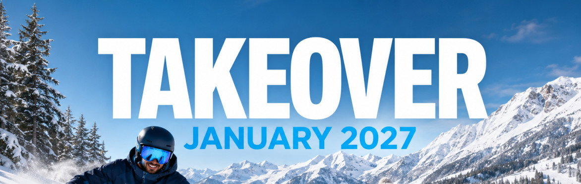 Takeover Ski January 2027 group skiing and snowboarding in the snowy Bansko mountains.