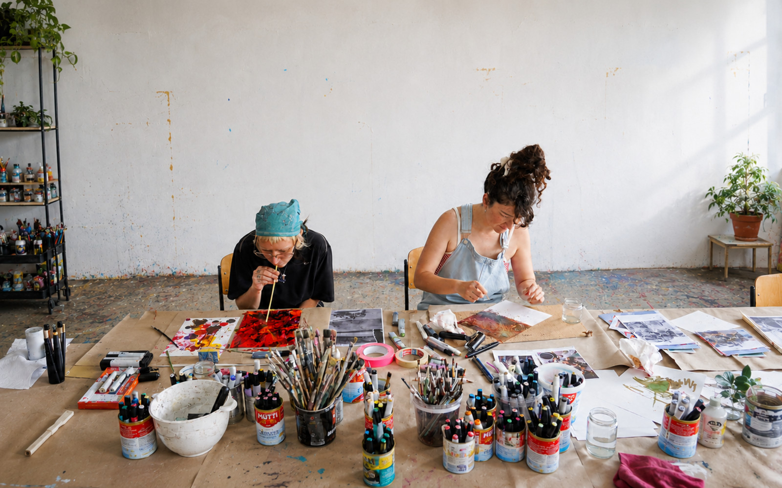 Two participants creating colorful alcohol ink artworks in a bright artist studio.