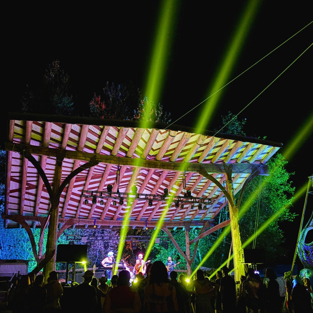 Crowd with Whalien band dressed in costumes at Lookout Arts Quarry stage