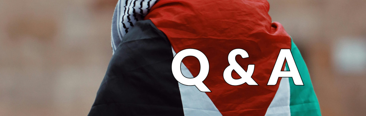 Person facing away from camera, wearing a black and white, Kafiyah draped over their head, and a Palestinian flag around their shoulders. With the letters Q & A written in white.