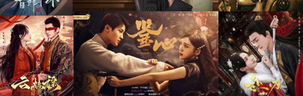 Film posters with men and women holding guns and knives at each others' necks