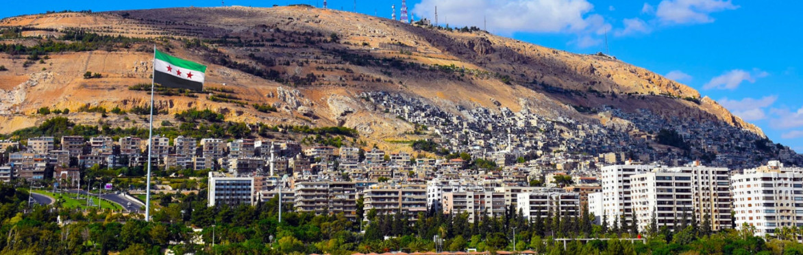 View of Homs, Syrian Flag and mountain