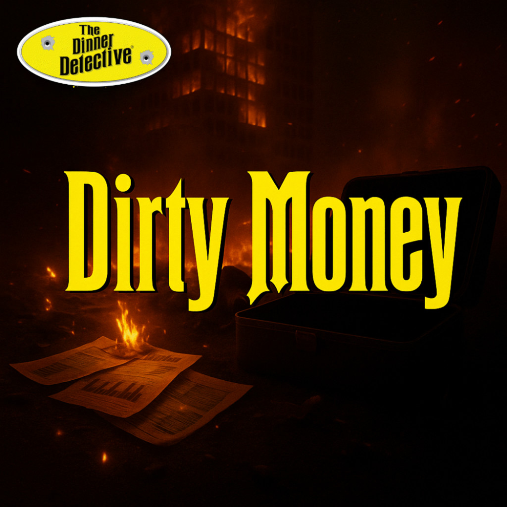 A dark, fiery cityscape with burning papers and an open briefcase. Large yellow text reads Dirty Money. The Dinner Detective logo appears in the top left corner.