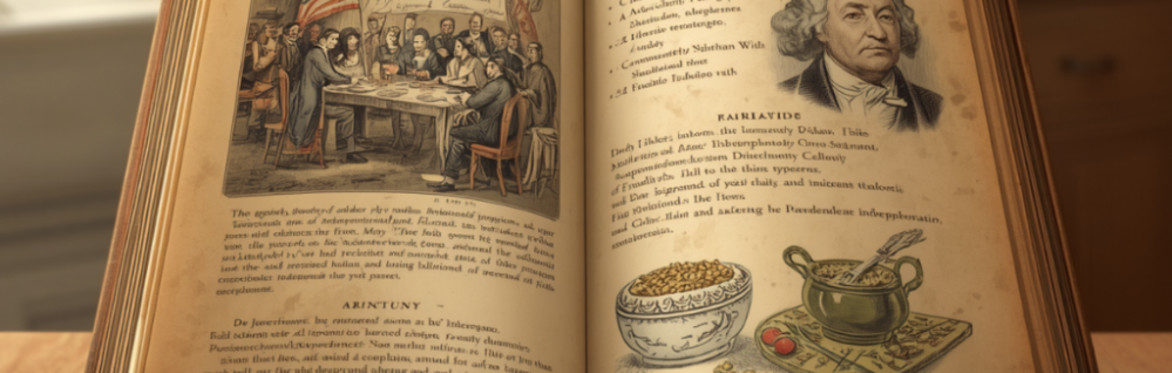 Open vintage book on a wooden table depicts historic scenes and recipes. The kitchen background is softly lit, creating a warm, nostalgic atmosphere.