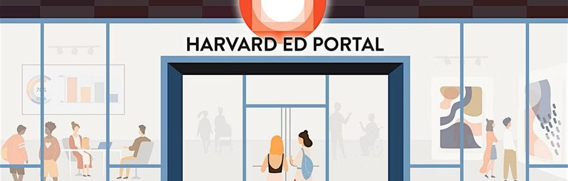 A cartoon image of two people walking into the front door of the Ed Portal. Also visible are people looking at art in the Crossings Gallery and people attending a workshop in the iStudio.