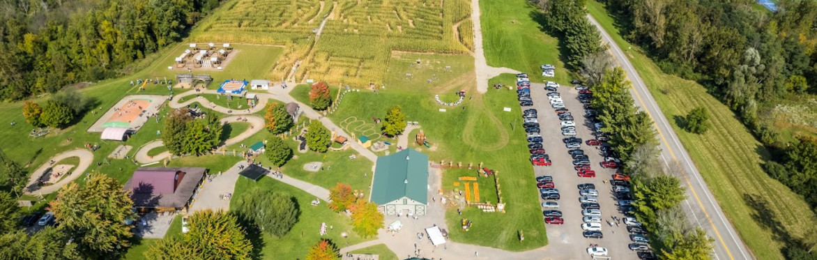 aerial photo of long acres - shows jumping pillow and other attractions