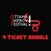 The Ottawa Improv Festival logo and text saying "4 ticket bundle" in bright red lettering on a black background.