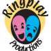 A pink happy mask and a blue sad mask surrounded by a golden halo with Ringplay Productions around the circle