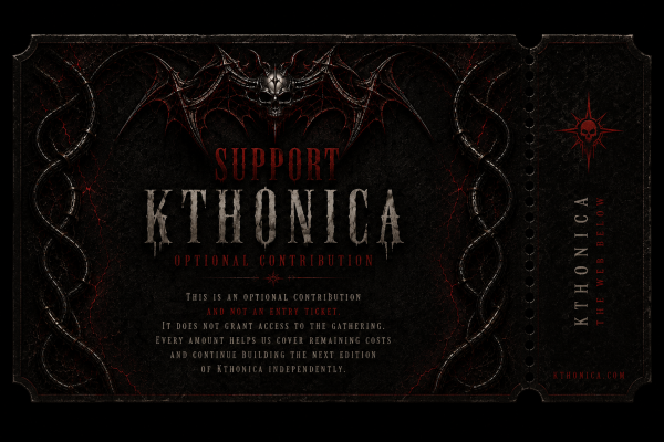 The central text reads “Support Kthonica – Optional Contribution” and explains that it is not an entry ticket, but a voluntary contribution toward the future of the gathering.