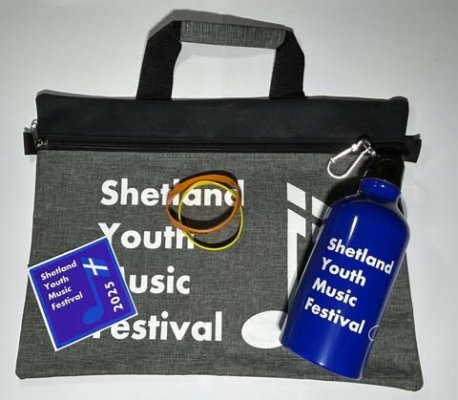 Pack containing bag, flask or TShirt, sticker and two festival bands