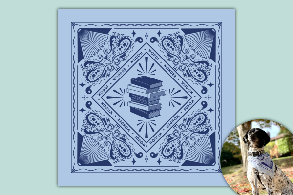 light blue bandana with dark blue design including books, paisley-style patterns and the text: "words, wonder, wisdom", Also shows a cute dog wearing the bandana